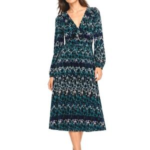 Esprit Collection Womens XS Blue Black Ikat Print Long Sleeve Midi Dress 90s Y2K